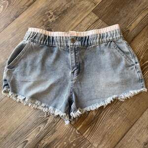 Project Rebel Denim High-Rise Jean Shorts with Gingham Waistband